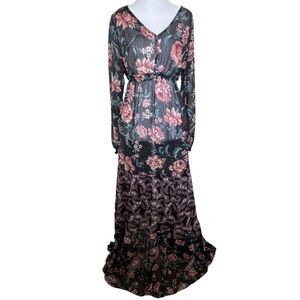 Wonderly Sheer Floral Long Sleeve V-Neck Maxi Dress